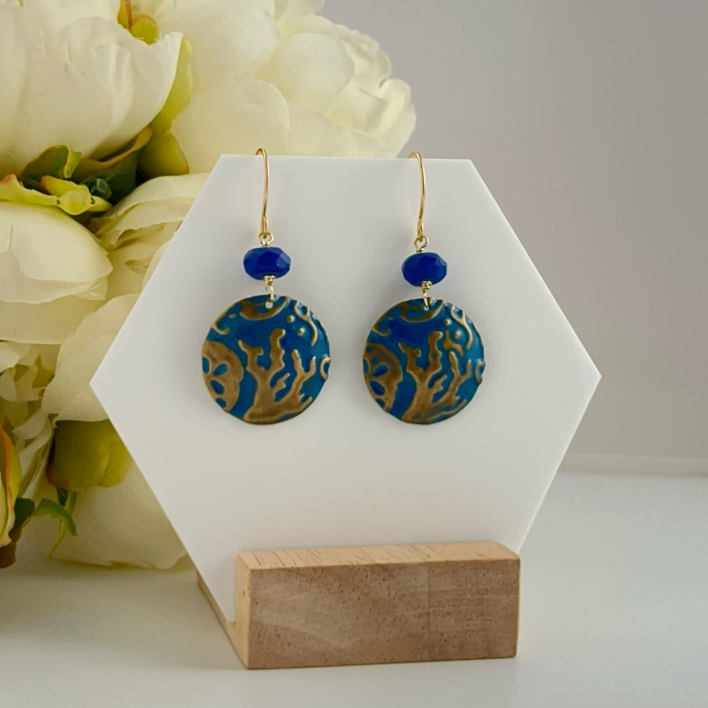 Under the sea Corals and Blue Gemstones Hand painted Earrings